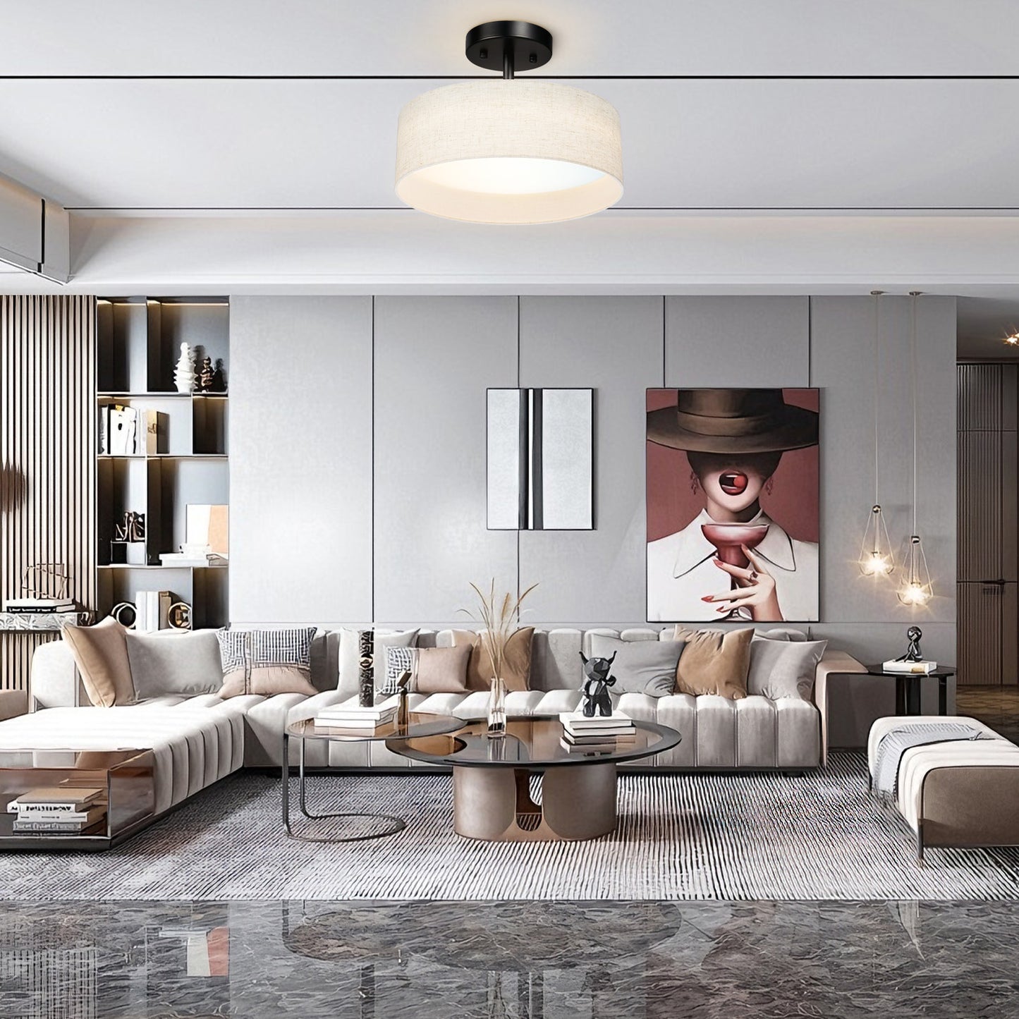 Hamilyeah 12" LED Semi Flush Mount Ceiling Light Dimmable with Fabric Shade