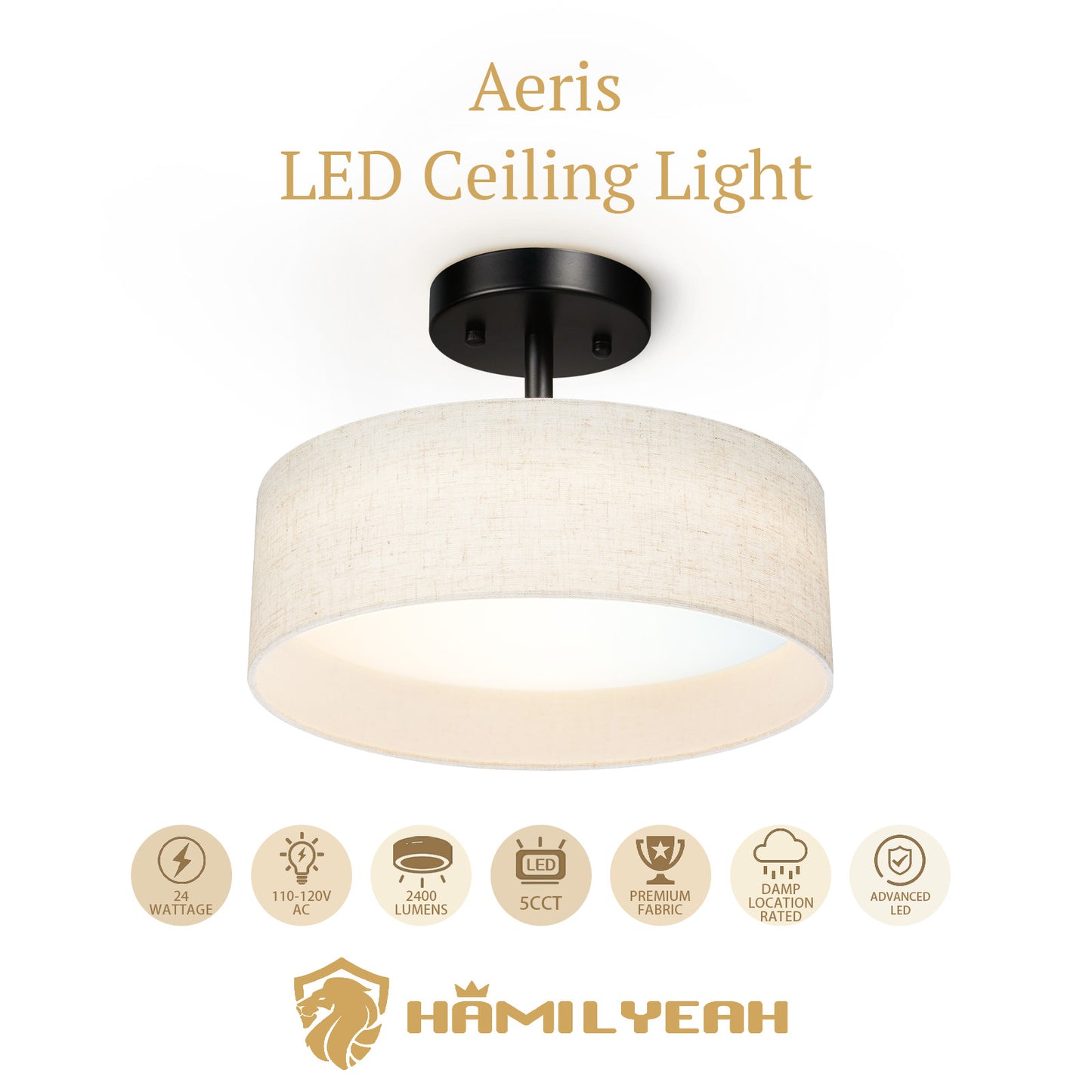 Hamilyeah 12" LED Semi Flush Mount Ceiling Light Dimmable with Fabric Shade