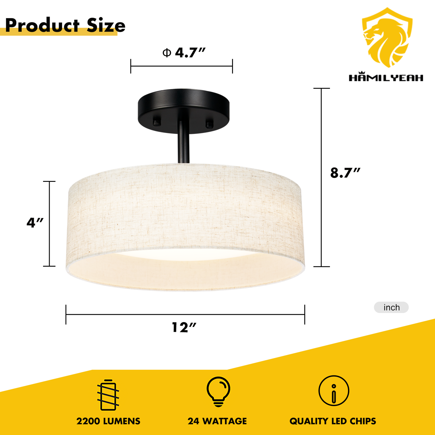 Hamilyeah 12" LED Semi Flush Mount Ceiling Light Dimmable with Fabric Shade