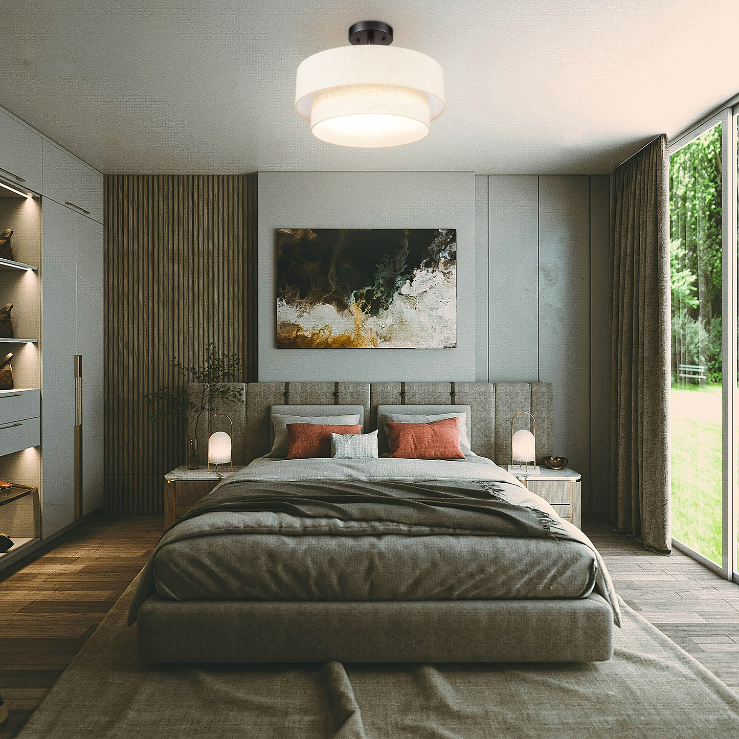 Aeris 15inch LED Semi Flush Mount Ceiling Light with Double Layer Fabric Shade