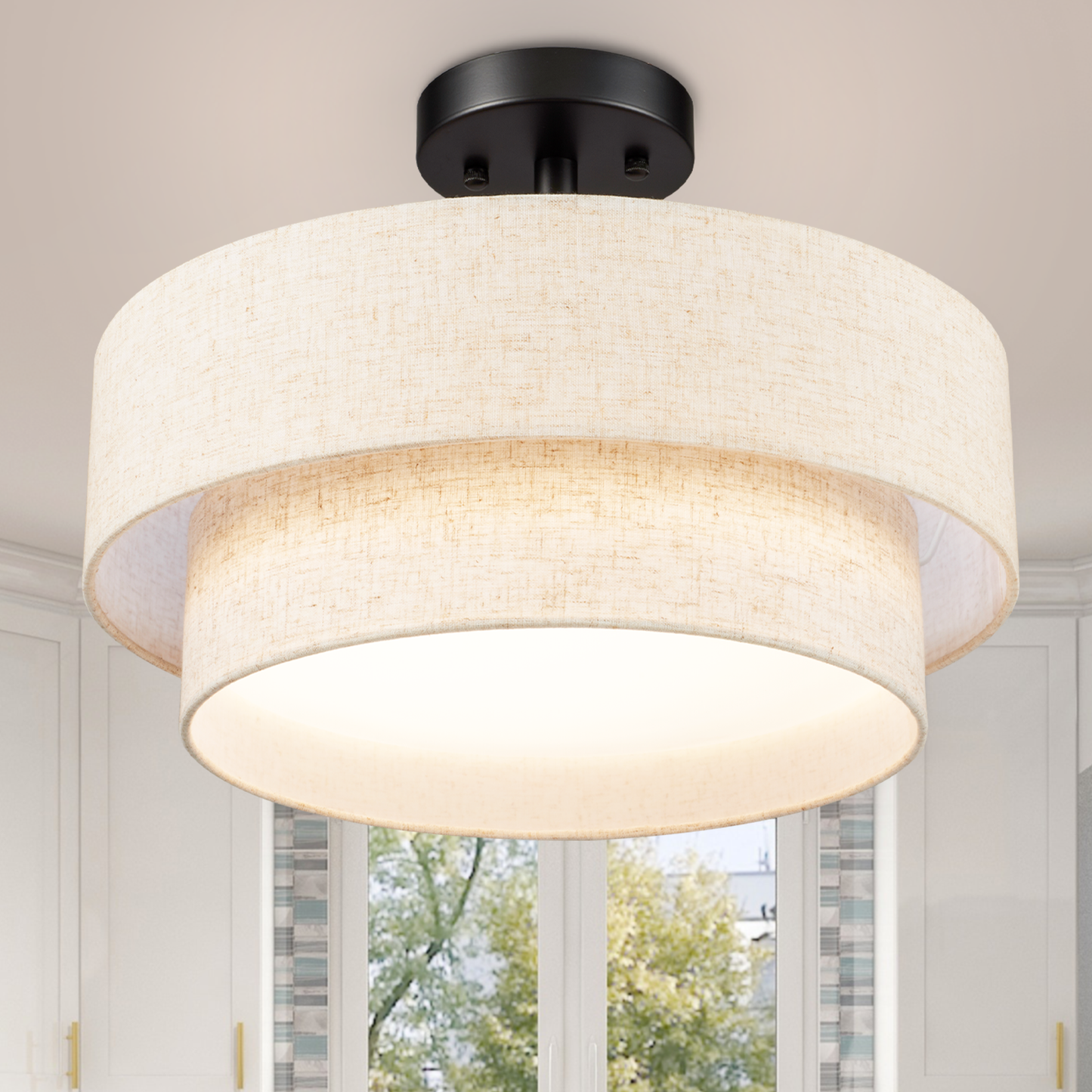 Aeris 15inch LED Semi Flush Mount Ceiling Light with Double Layer Fabric Shade