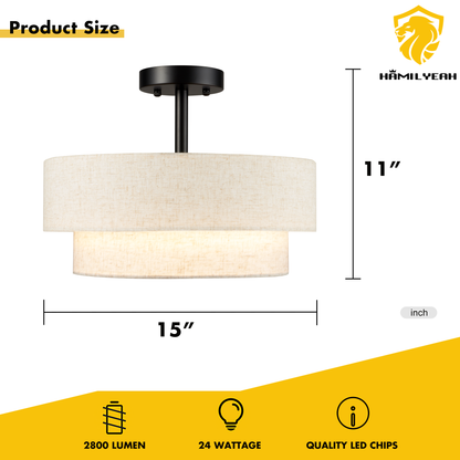 Aeris 15inch LED Semi Flush Mount Ceiling Light with Double Layer Fabric Shade