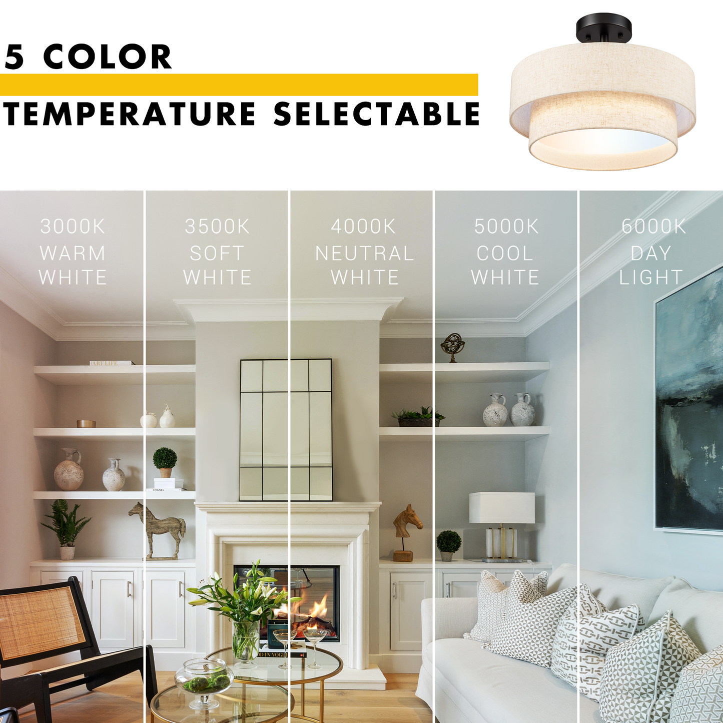 Aeris 15inch LED Semi Flush Mount Ceiling Light with Double Layer Fabric Shade