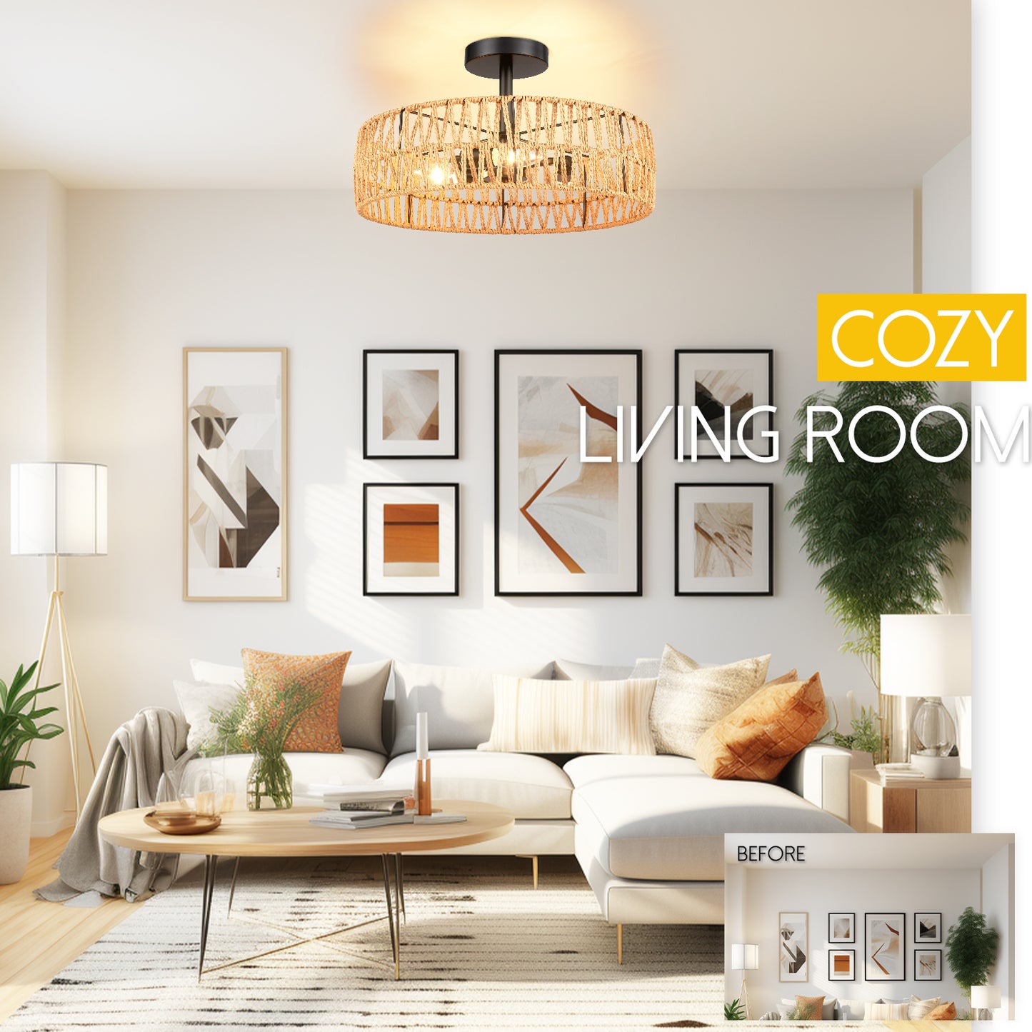 Loofcraft 16 inch Flush Mount Ceiling Light with Rattan Shade