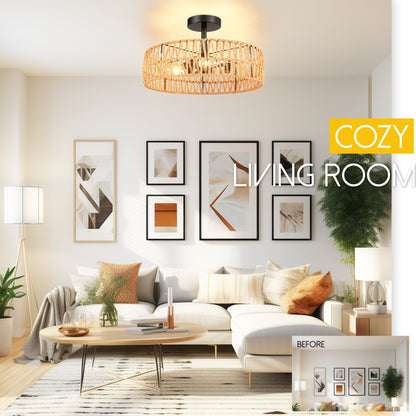 Loofcraft 16 inch Flush Mount Ceiling Light with Rattan Shade