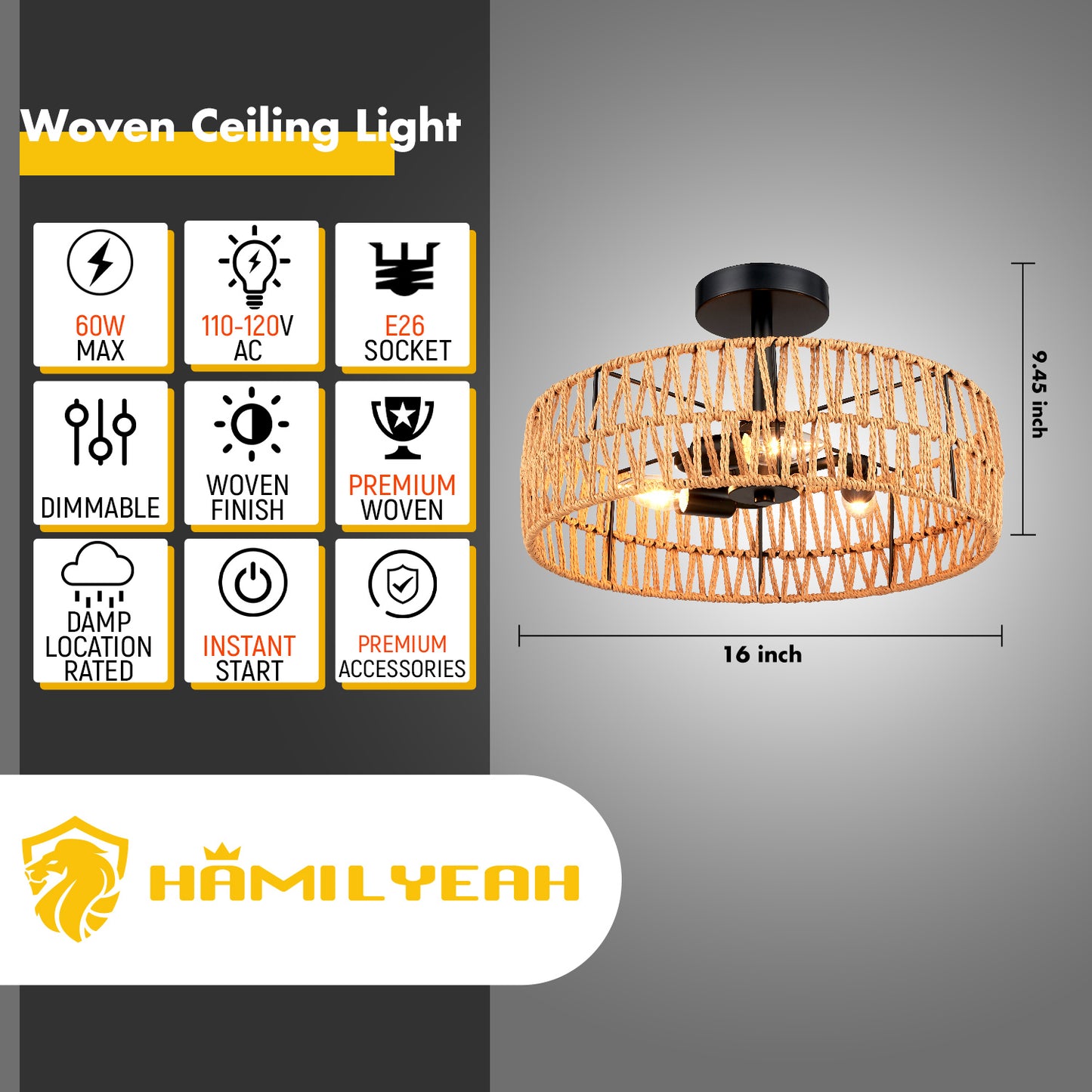 Loofcraft 16 inch Flush Mount Ceiling Light with Rattan Shade