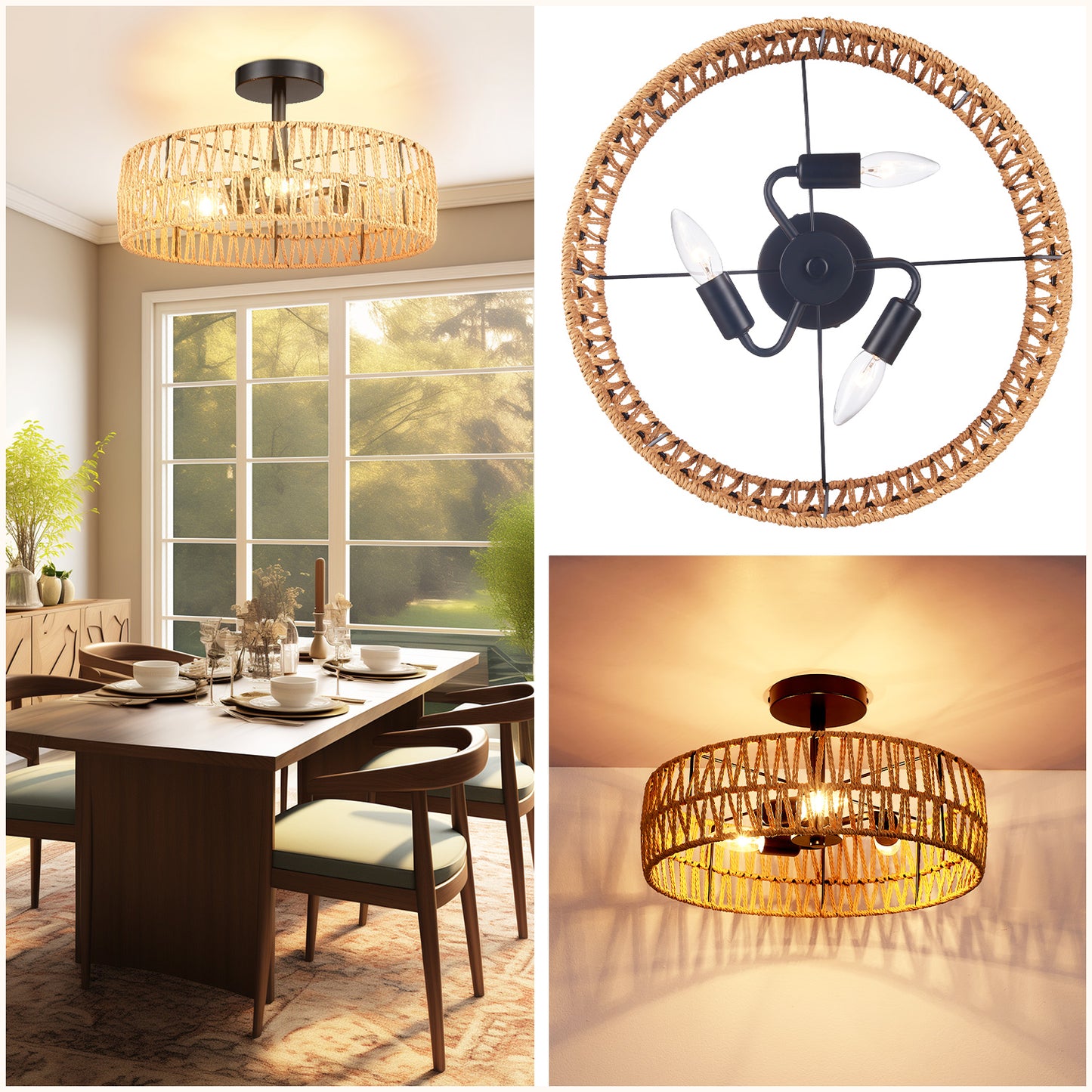Loofcraft 16 inch Flush Mount Ceiling Light with Rattan Shade