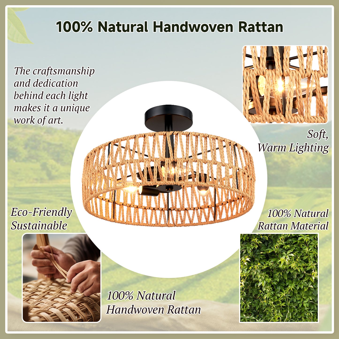 Loofcraft 16 inch Flush Mount Ceiling Light with Rattan Shade
