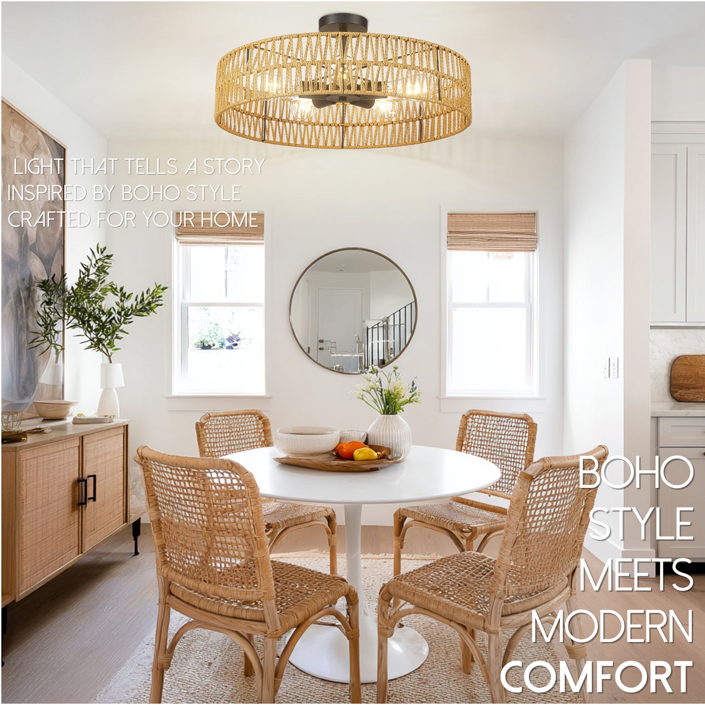 Loofcraft 24 inch Flush Mount Ceiling Light with Rattan Shade