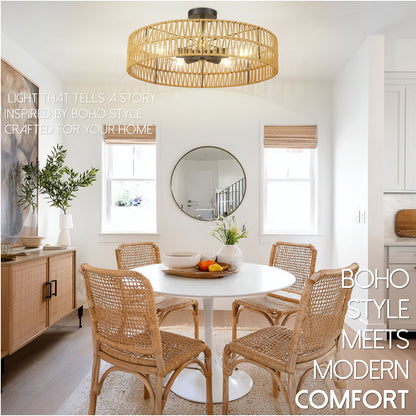 Loofcraft 24 inch Flush Mount Ceiling Light with Rattan Shade