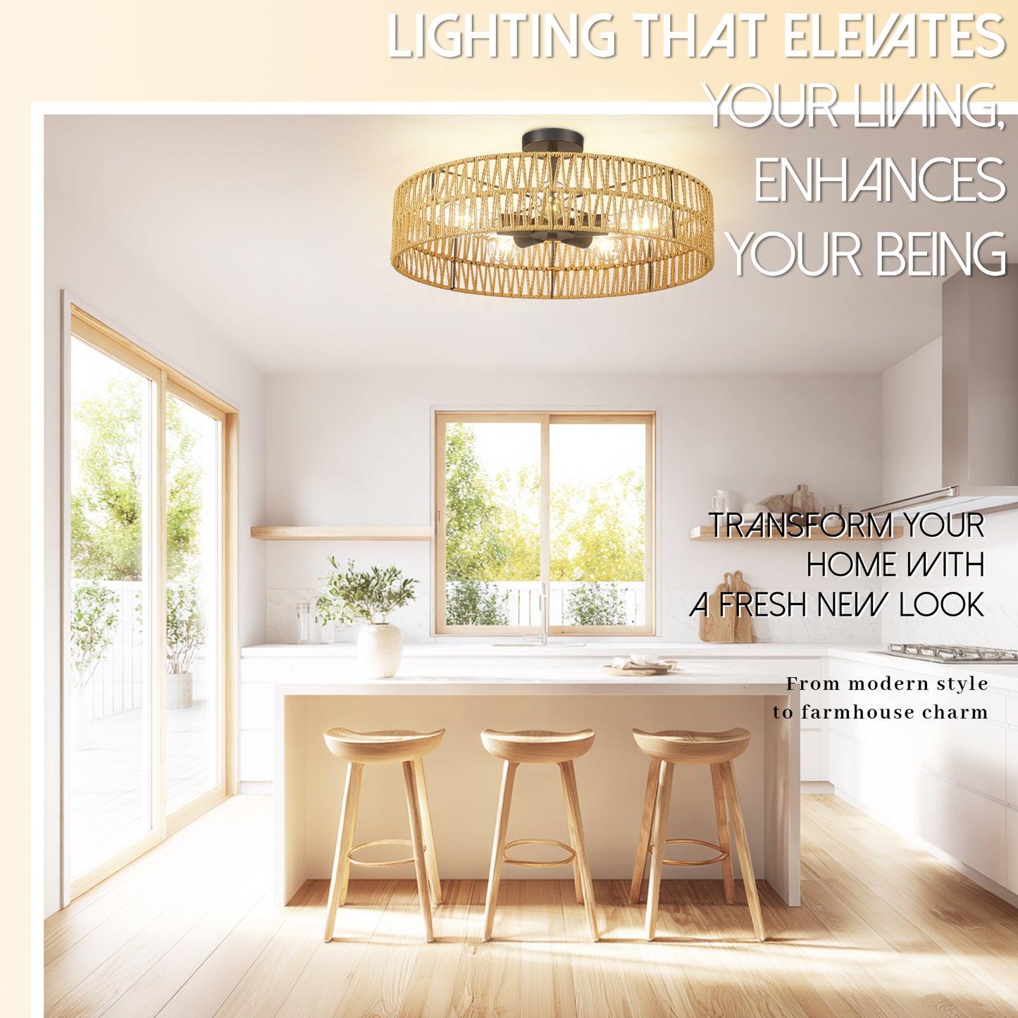 Loofcraft 24 inch Flush Mount Ceiling Light with Rattan Shade