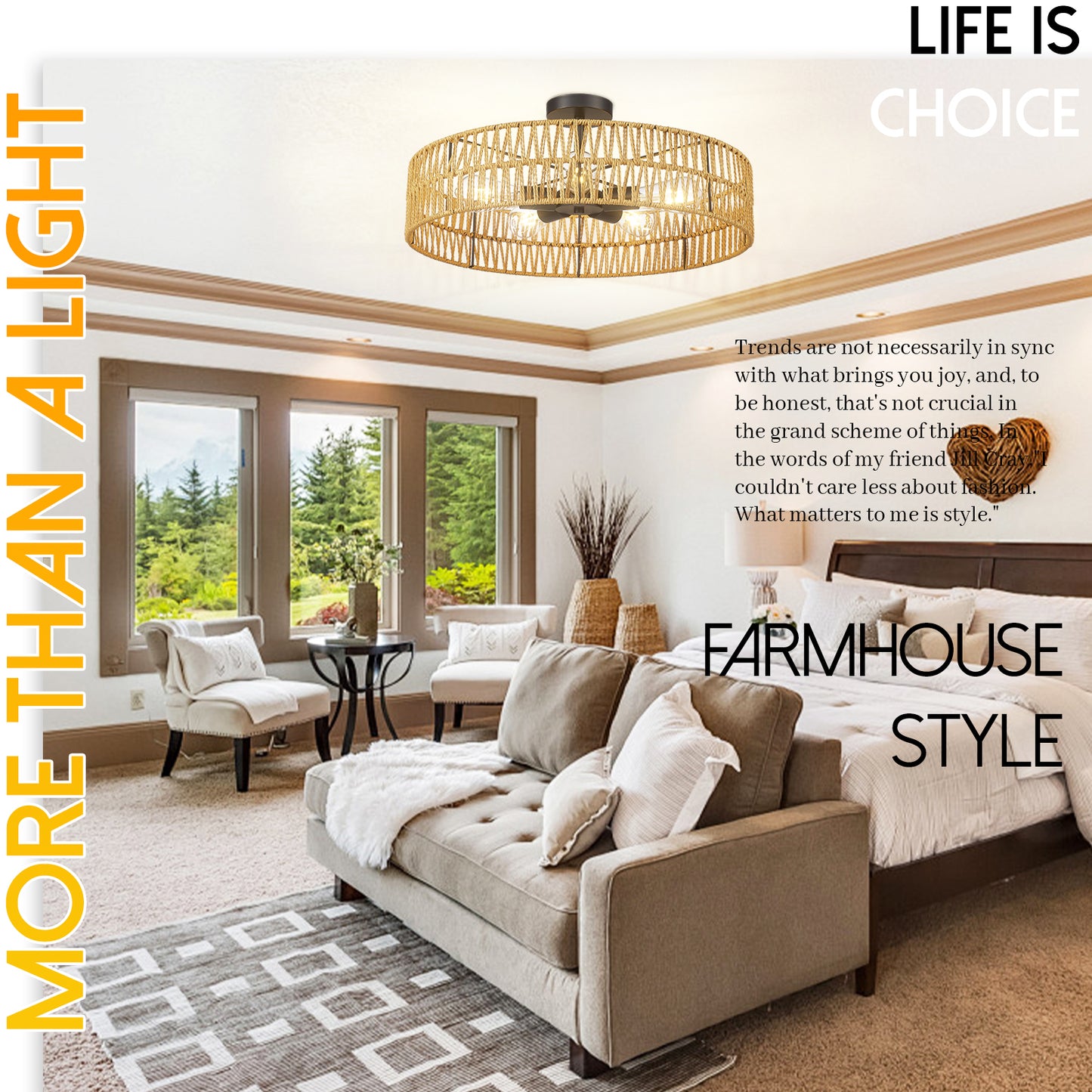 Loofcraft 24 inch Flush Mount Ceiling Light with Rattan Shade