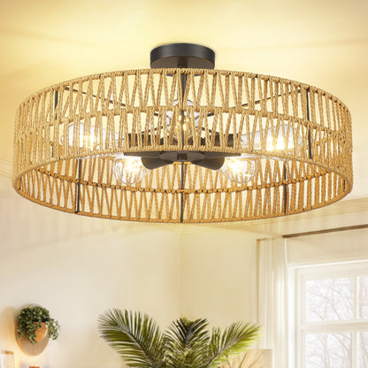 Loofcraft 24 inch Flush Mount Ceiling Light with Rattan Shade