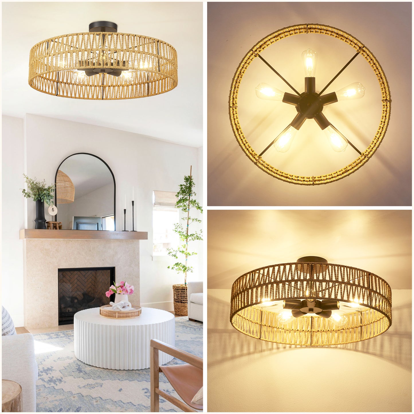 Loofcraft 24 inch Flush Mount Ceiling Light with Rattan Shade