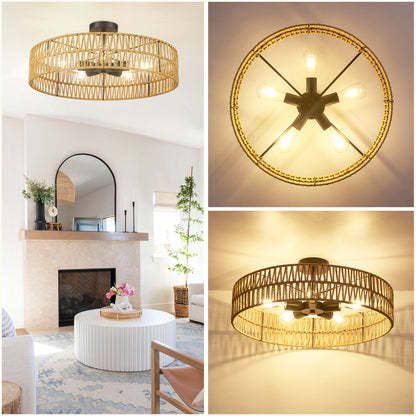 Loofcraft 24 inch Flush Mount Ceiling Light with Rattan Shade