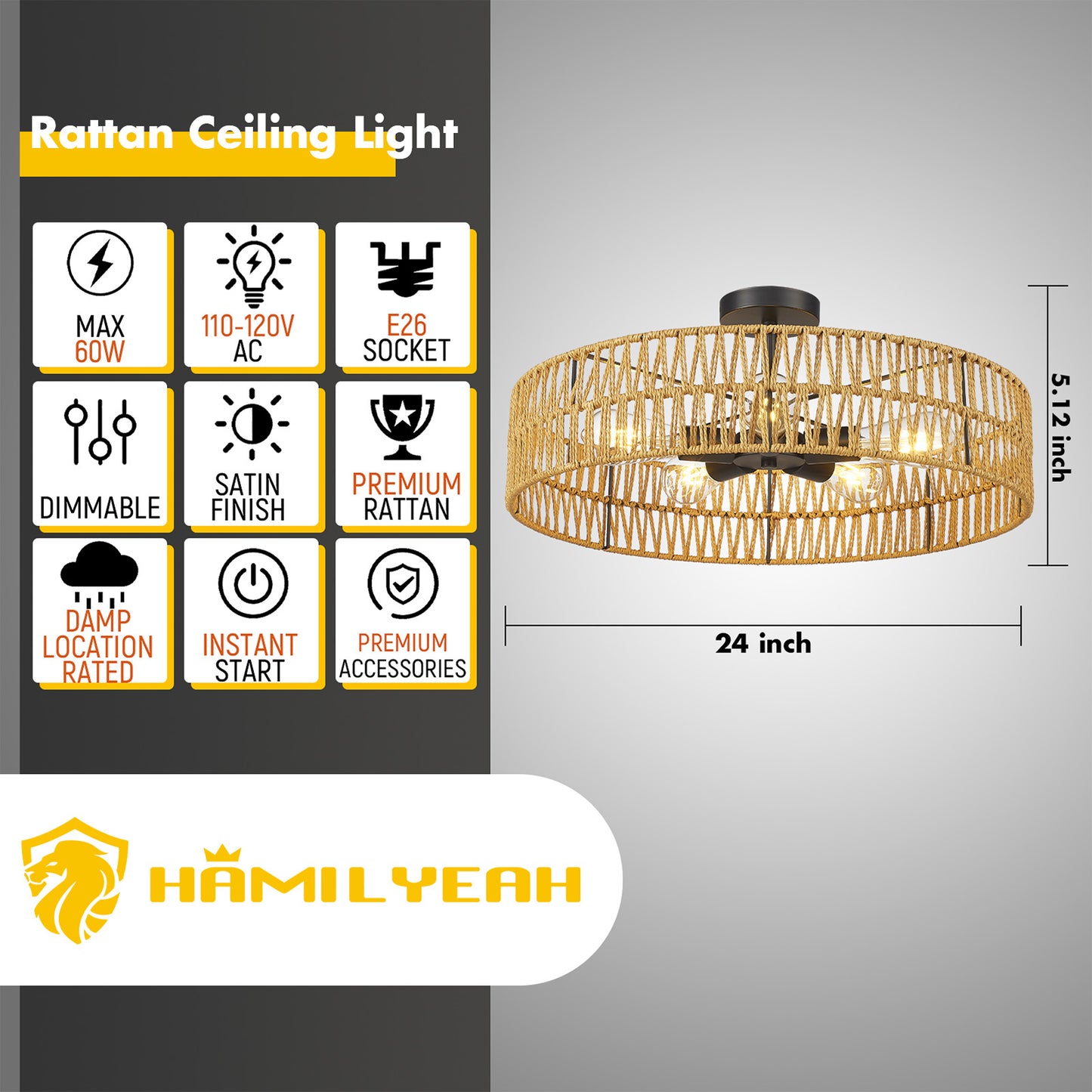 Loofcraft 24 inch Flush Mount Ceiling Light with Rattan Shade
