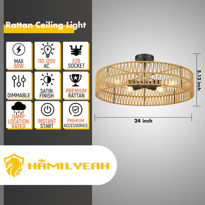 Loofcraft 24 inch Flush Mount Ceiling Light with Rattan Shade