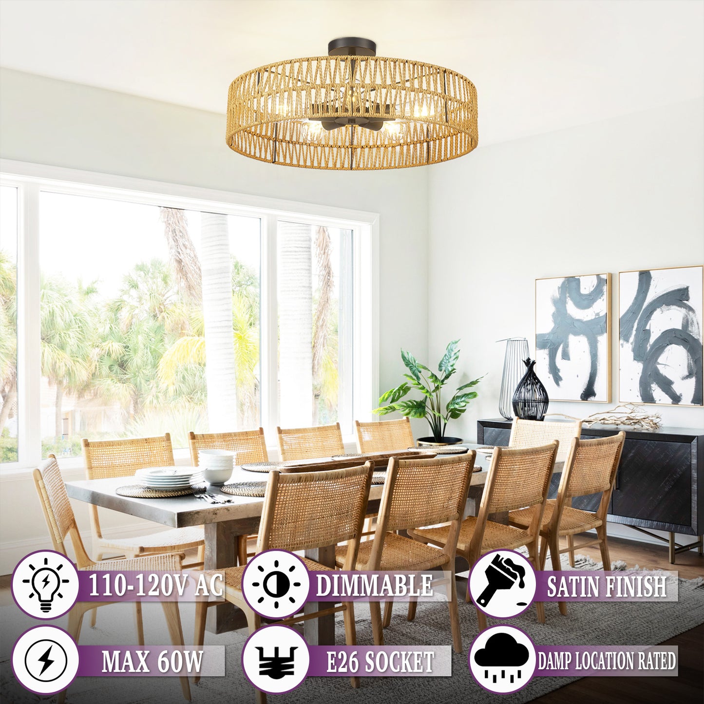 Loofcraft 24 inch Flush Mount Ceiling Light with Rattan Shade