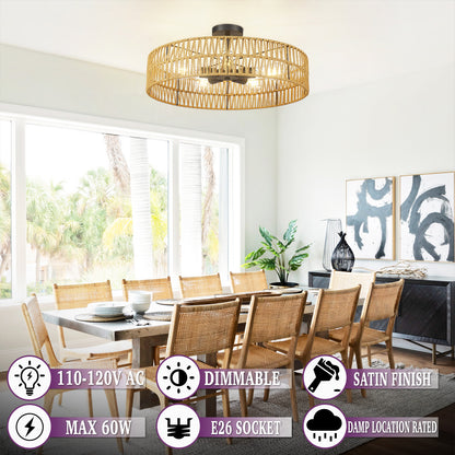 Loofcraft 24 inch Flush Mount Ceiling Light with Rattan Shade