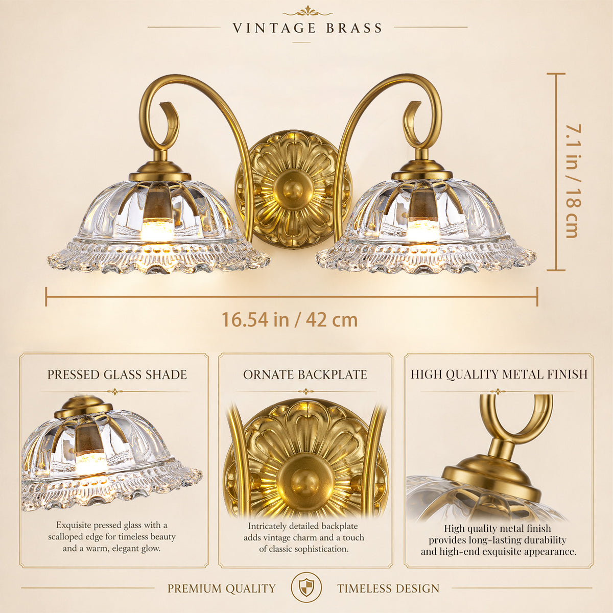 Aurelia Gold Vintage Bathroom Vanity Light, Clear Floral Glass, 2-Light