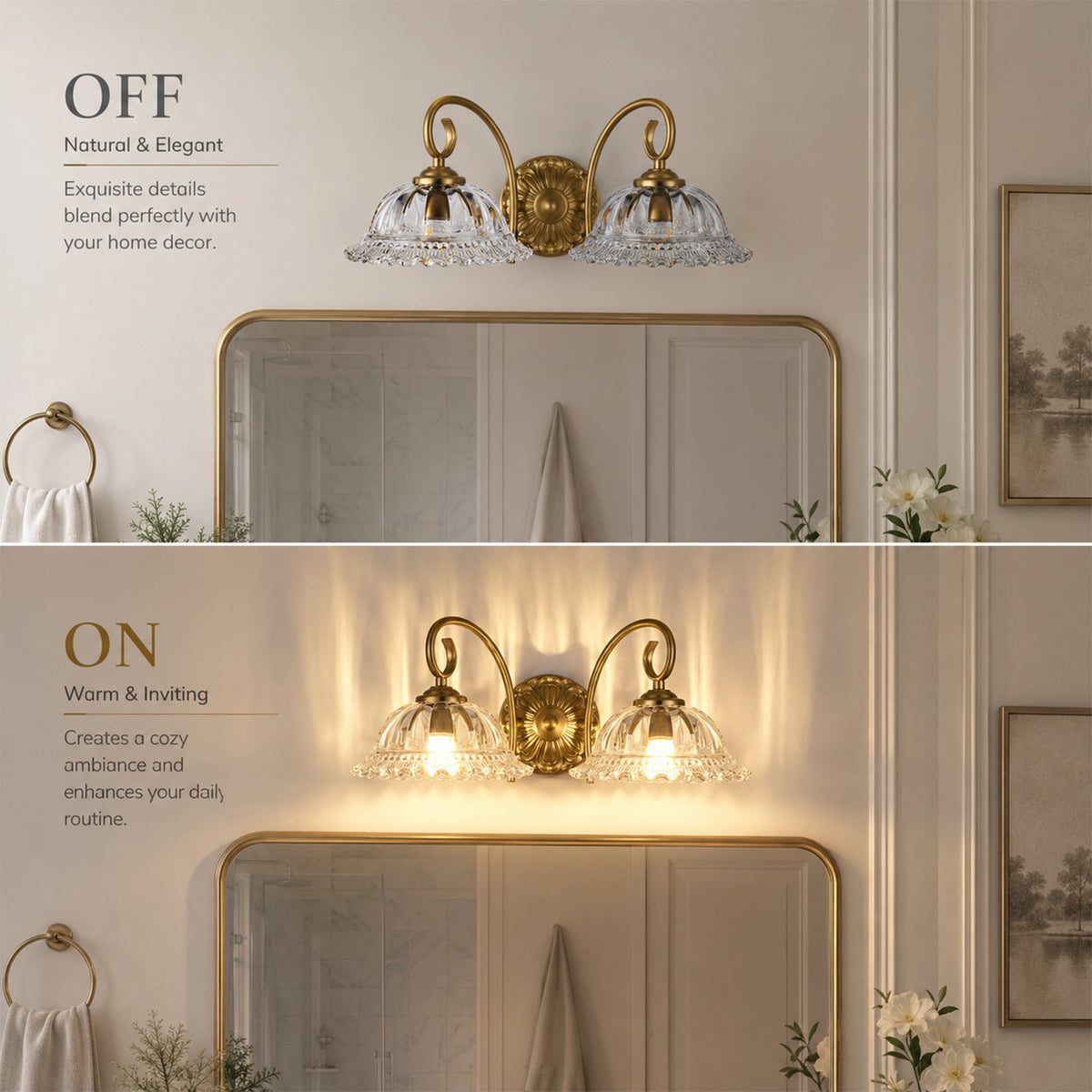 Aurelia Gold Vintage Bathroom Vanity Light, Clear Floral Glass, 2-Light