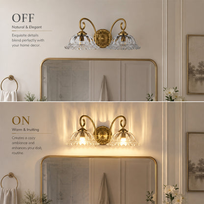 Aurelia Gold Vintage Bathroom Vanity Light, Clear Floral Glass, 2-Light