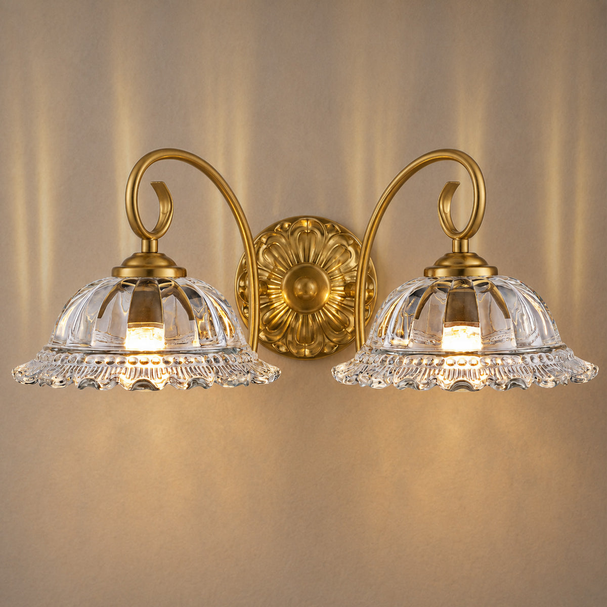 Aurelia Gold Vintage Bathroom Vanity Light, Clear Floral Glass, 2-Light