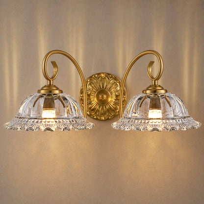 Aurelia Gold Vintage Bathroom Vanity Light, Clear Floral Glass, 2-Light