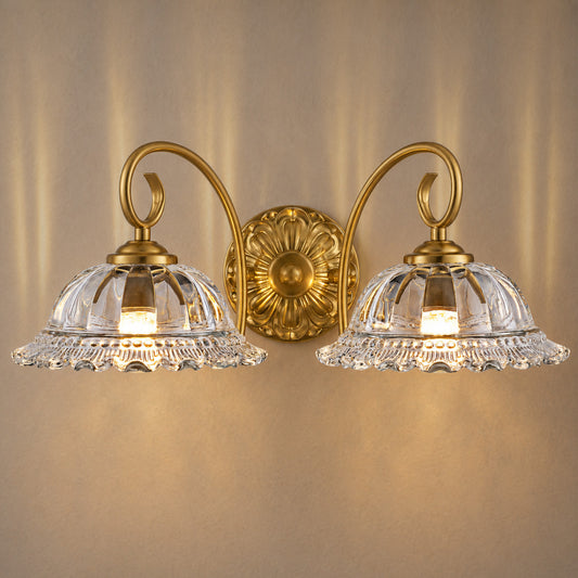 Aurelia Gold Vintage Bathroom Vanity Light, Clear Floral Glass, 2-Light
