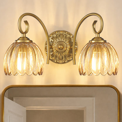 Aurelia Gold Vintage Bathroom Vanity Light, Amber Ribbed Glass, 2-Light