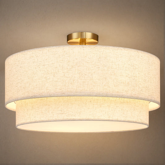 Aeris 24" Semi Flush Mount Ceiling Light, Gold 5-Light Double-Layer Drum Light Fixture with Linen Shade