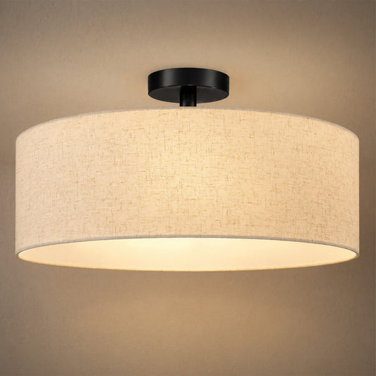 Aeris 20" Semi Flush Mount Ceiling Light, Black 4-Light Drum Light Fixture with Linen Shade