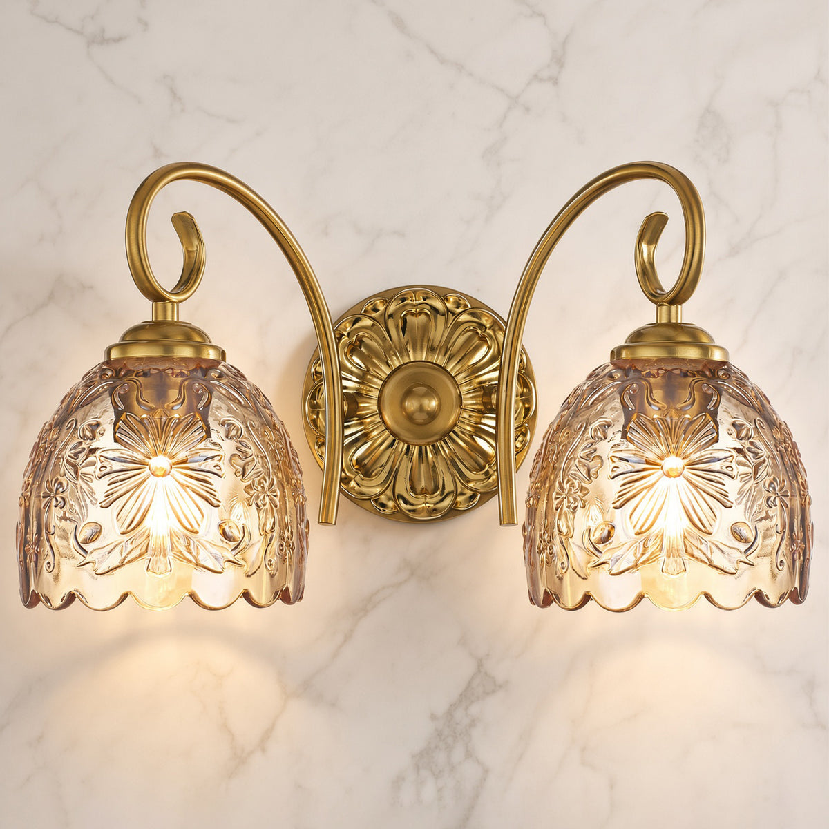 Aurelia Gold Vintage Bathroom Vanity Light, Amber Embossed Glass, 2-Light