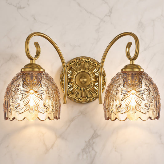 Aurelia Gold Vintage Bathroom Vanity Light, Amber Embossed Glass, 2-Light
