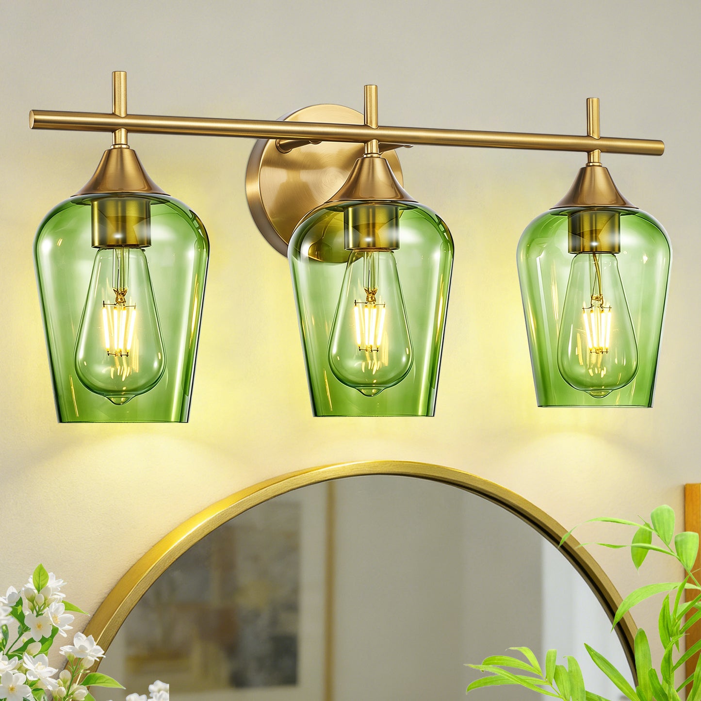 Aurelia 3-Light Gold Green Glass Vanity Light