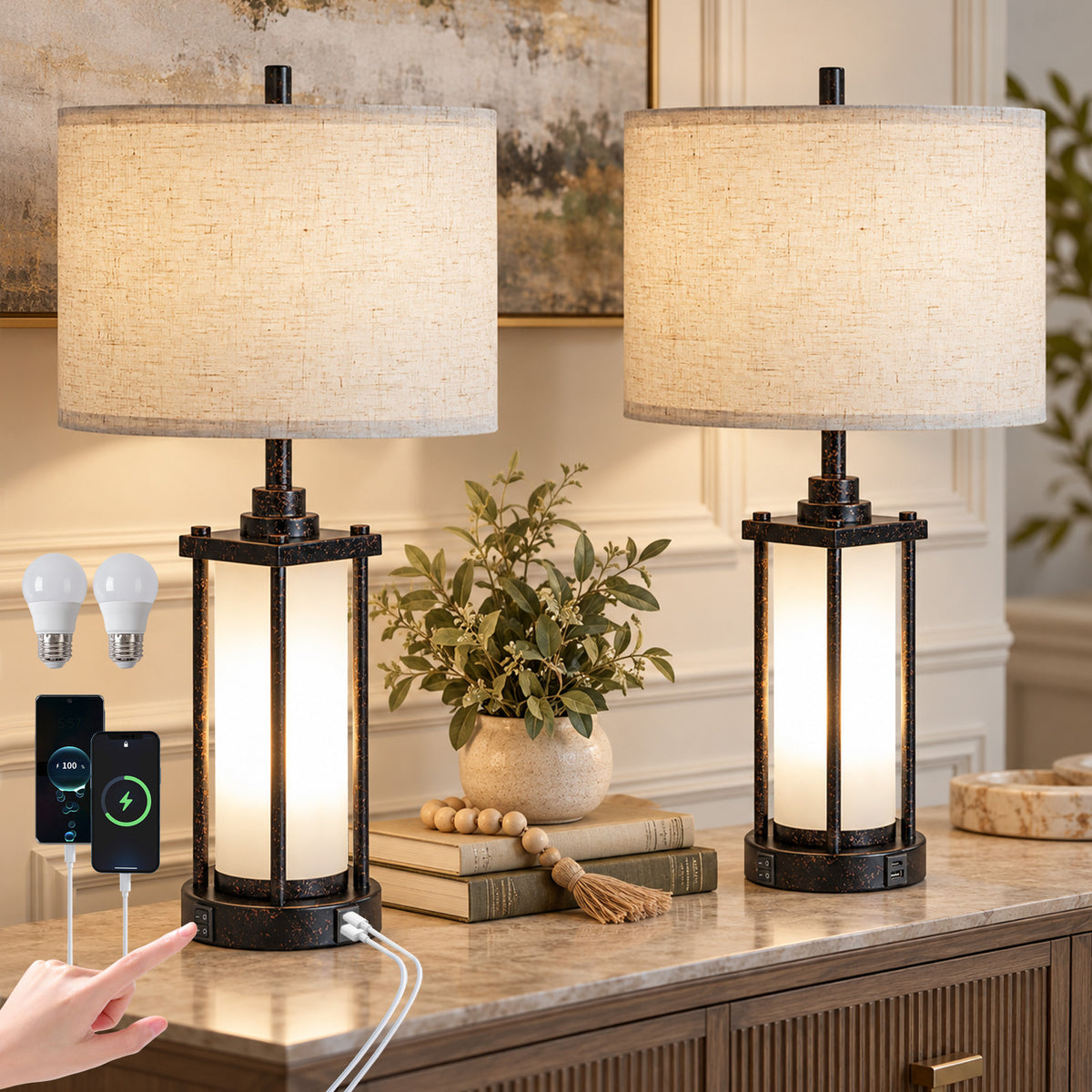 Cozyloom Farmhouse Table Lamps Set of 2 with USB A and USB C