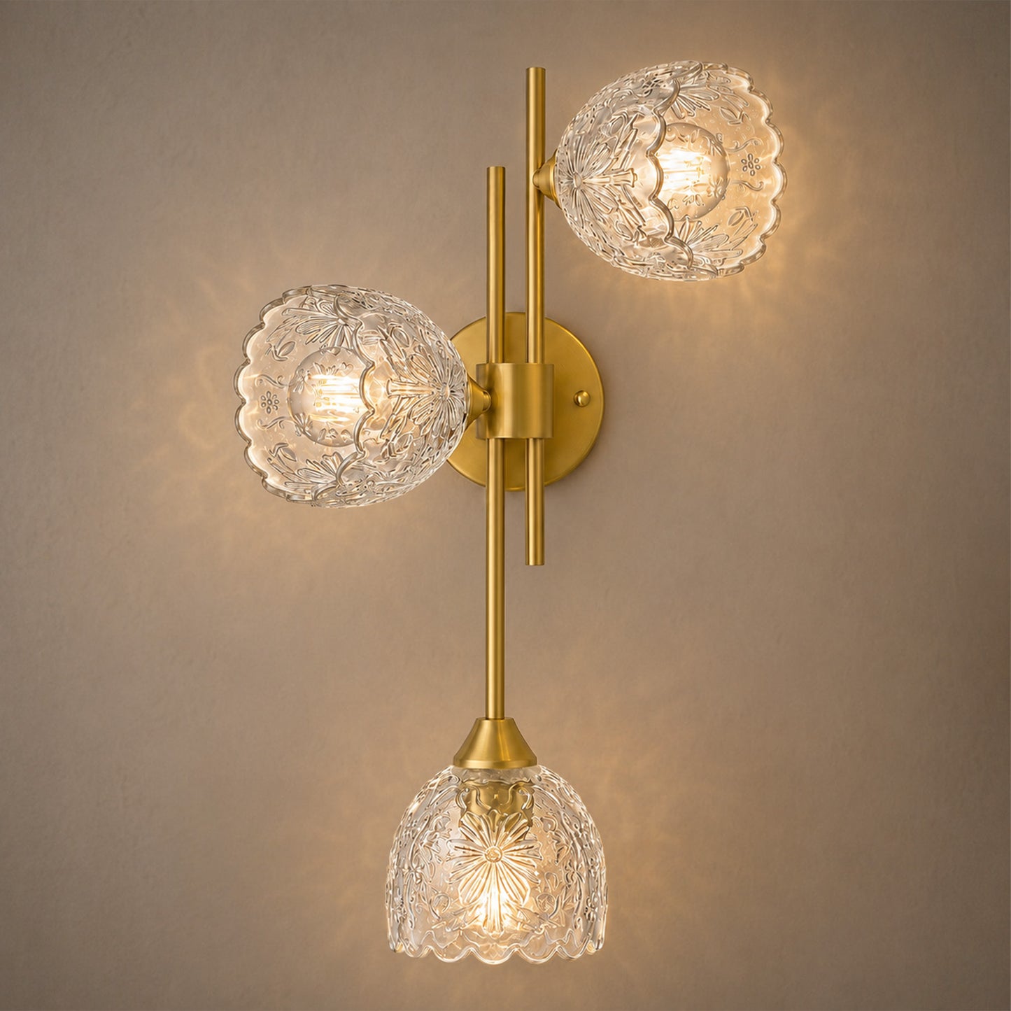 Aurelia 3-Light Gold Wall Sconce with Floral Glass Shades