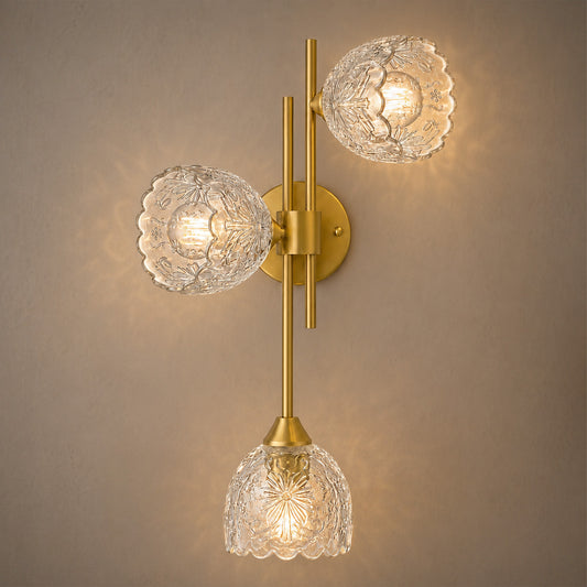 Aurelia 3-Light Gold Wall Sconce with Floral Glass Shades