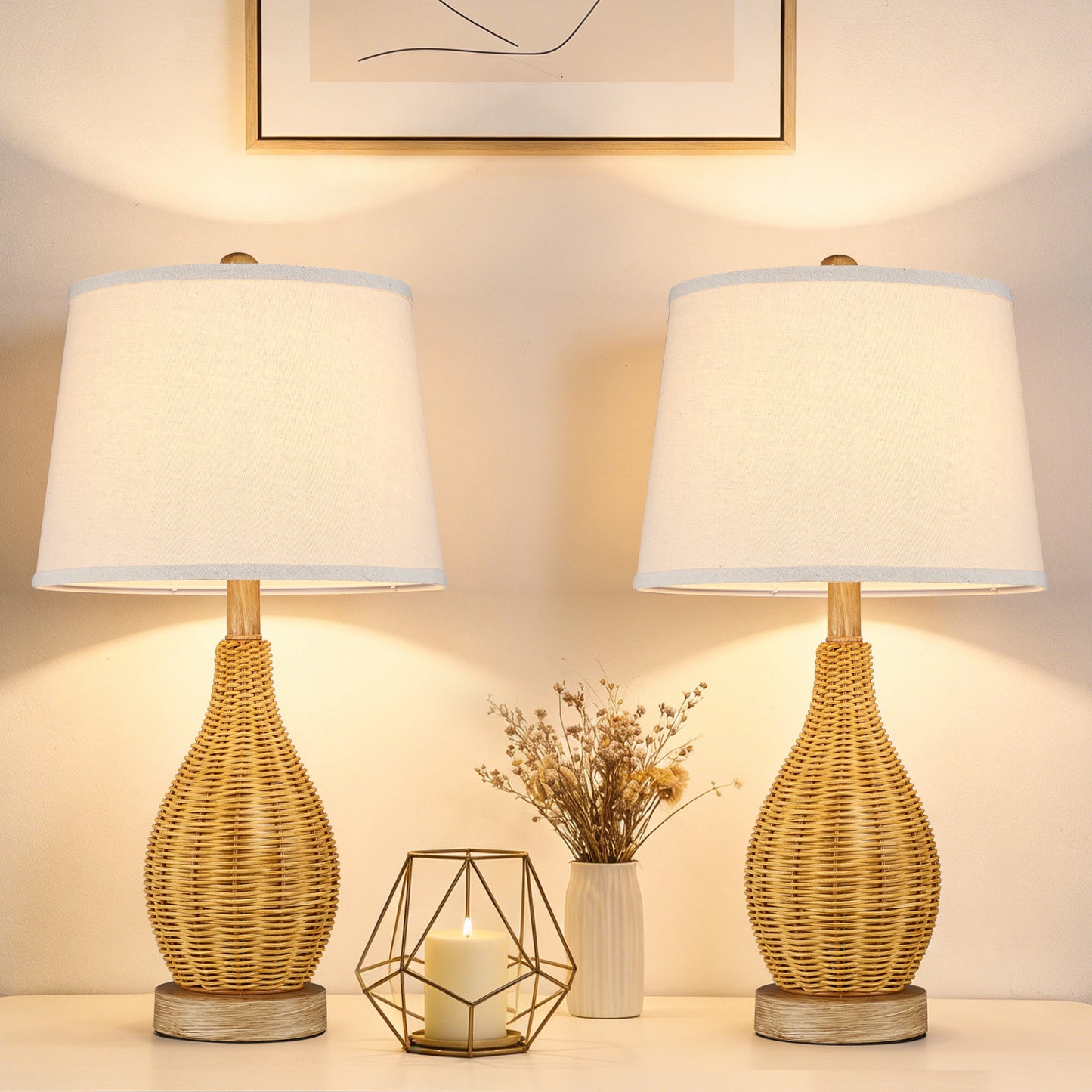 Cozyloom Rattan Table Lamp with Rotary Switch Set of 2
