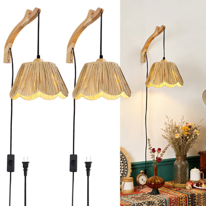 Aurelia 13inch Set of 2 Wall Light with Plug in Cord , Boho Raffia Shade