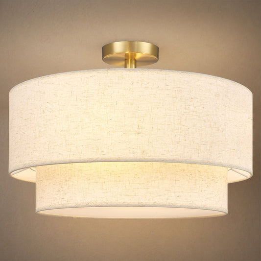 Aeris 20" Semi Flush Mount Ceiling Light, Gold 4-Light Double-Layer Drum Light Fixture with Linen Shade