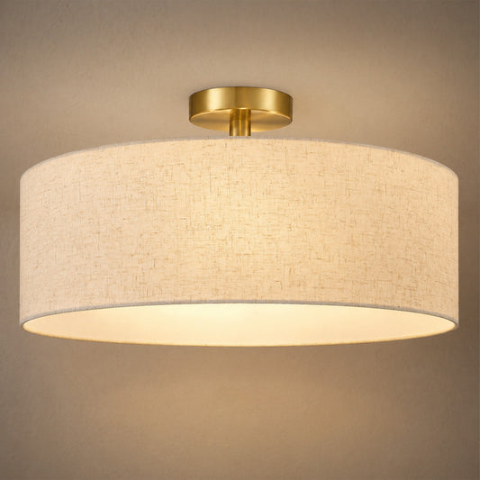 Aeris 20" Semi Flush Mount Ceiling Light, Gold 4-Light Drum Light Fixture with Linen Shade