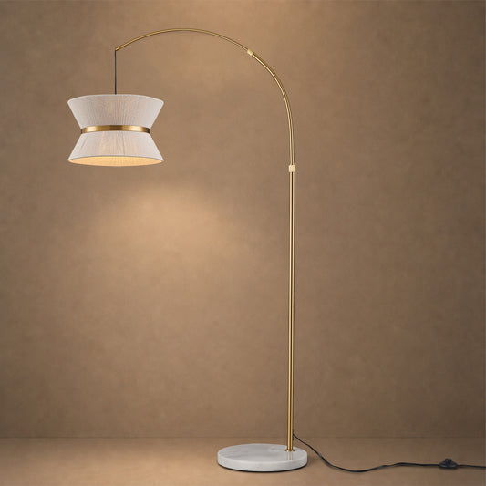 Lumora 65.5 Inch Gold Arc Floor Lamp with Hand-Woven Cotton Shade and White Marble Base