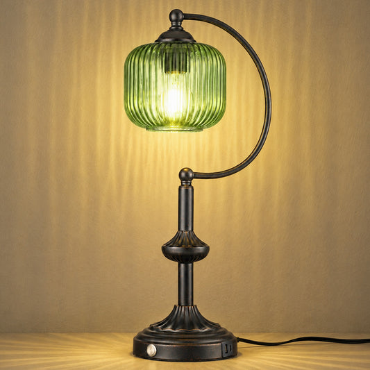 Cozyloom Black Table Lamp with Green Ribbed Glass Shade and USB-C + USB-A Charging Ports