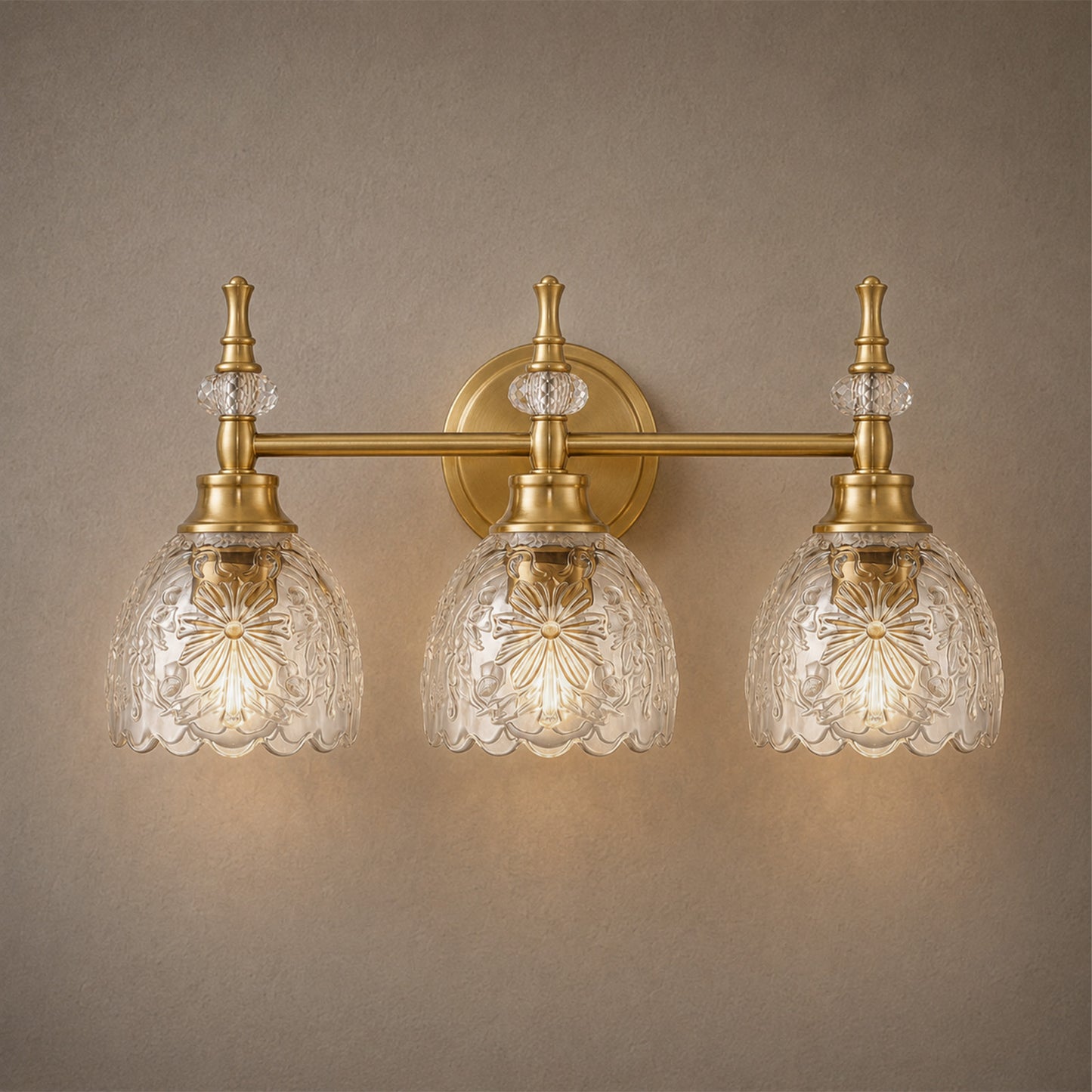 Aurelia 3-Light Floral Glass Vanity Light Brushed Gold Bathroom Vanity Light with Floral Glass Shades