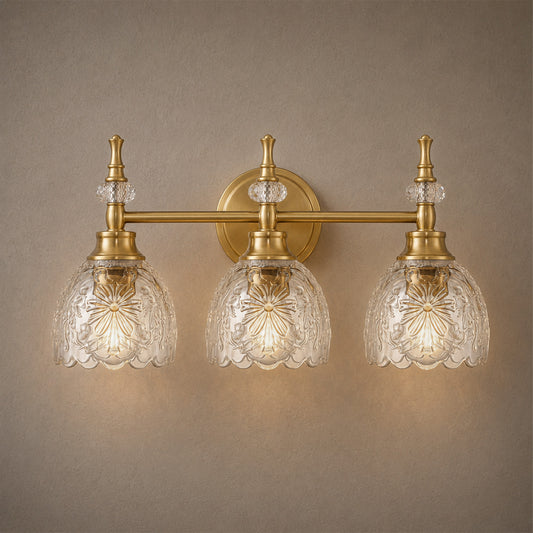 Aurelia 3-Light Brushed Gold Bathroom Vanity Light with Floral Glass Shades