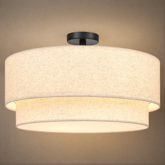 Aeris 24" Semi Flush Mount Ceiling Light, Black 5-Light Double-Layer Drum Light Fixture with Linen Shade