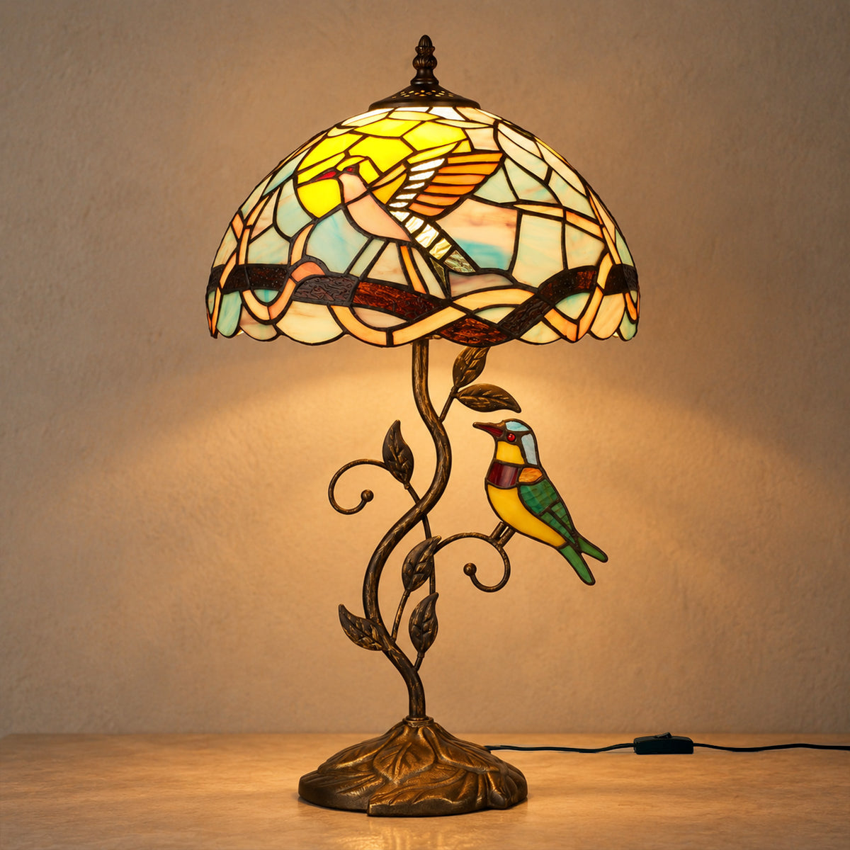 Cozyloom 21-Inch Tiffany Stained Glass Bird Table Lamp