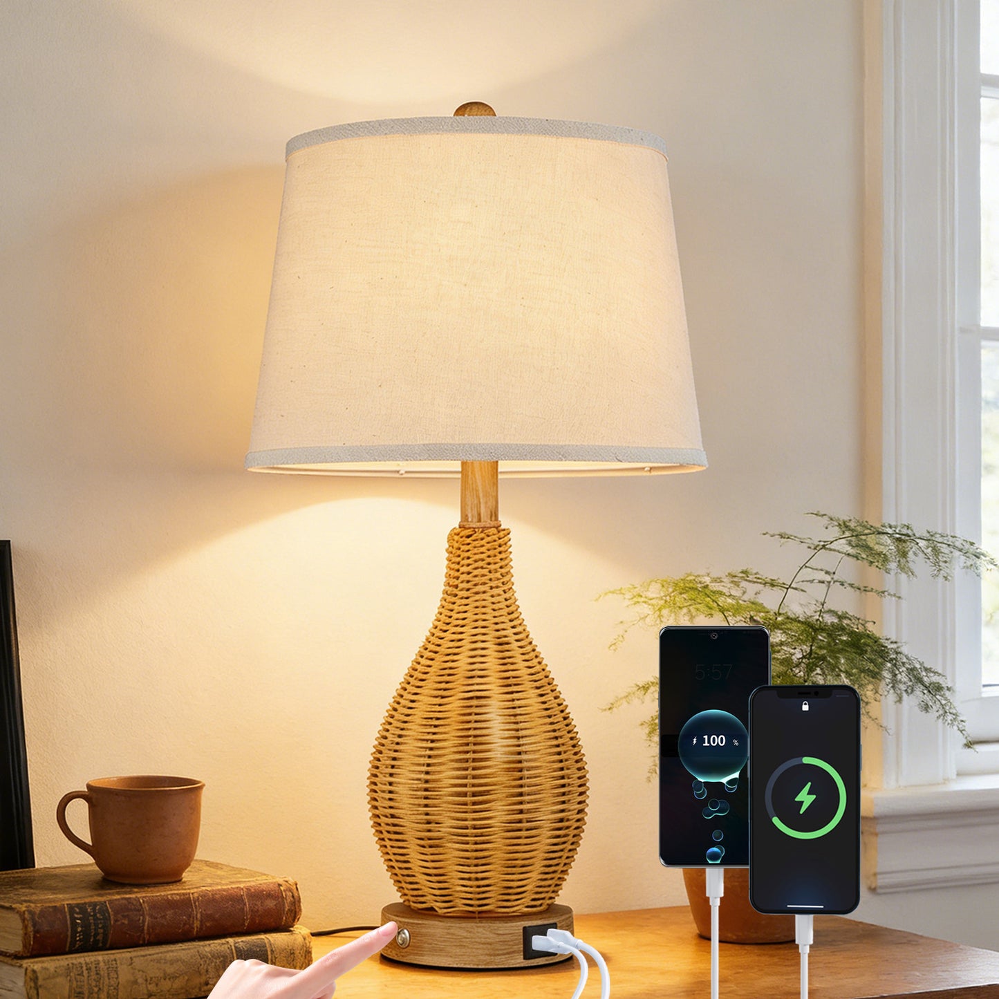 Cozyloom Rattan Table Lamp with USB Ports