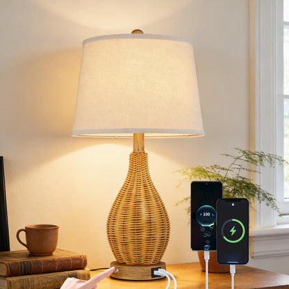 Cozyloom Rattan Table Lamp with USB Ports